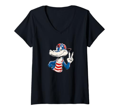 Damen Chill Alligator mit Friedenszeichen für Erwachsene und Kinder T-Shirt mit V-Ausschnitt Damen Chill Alligator mit Friedenszeichen für Erwachsene und Kinder T-Shirt mit V-Ausschnitt von Cartoon Alligator Outfit