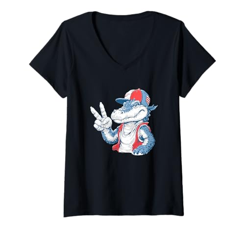 Damen Cooles Alligator-Cartoon-Kostüm in patriotischen Farben T-Shirt mit V-Ausschnitt Damen Cooles Alligator-Cartoon-Kostüm in patriotischen Farben T-Shirt mit V-Ausschnitt von Cartoon Alligator Outfit