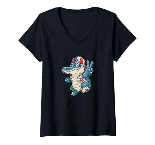 Damen Cooles Cap Alligator mit Chill Peace Zeichen Kostüm T-Shirt mit V-Ausschnitt von Cartoon Alligator Outfit