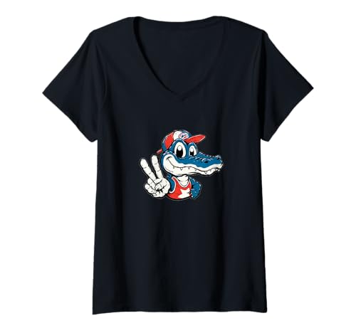 Damen Cooles Friedenszeichen Alligator im Cartoon-Stil Kostüm T-Shirt mit V-Ausschnitt von Cartoon Alligator Outfit
