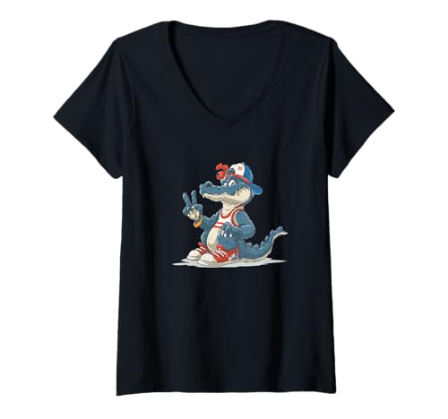 Damen Lustiger Alligator in Schuhen und coolem Cap Kostüm T-Shirt mit V-Ausschnitt von Cartoon Alligator Outfit