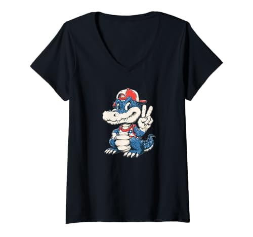 Damen Lustiger Alligator mit Kappe und Frieden, für Erwachsene und Kinder T-Shirt mit V-Ausschnitt Damen Lustiger Alligator mit Kappe und Frieden, für Erwachsene und Kinder T-Shirt mit V-Ausschnitt von Cartoon Alligator Outfit