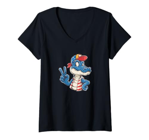Damen Tolles Alligator-Friedenszeichen für Kappen- und Cartoon-Liebhaber T-Shirt mit V-Ausschnitt von Cartoon Alligator Outfit