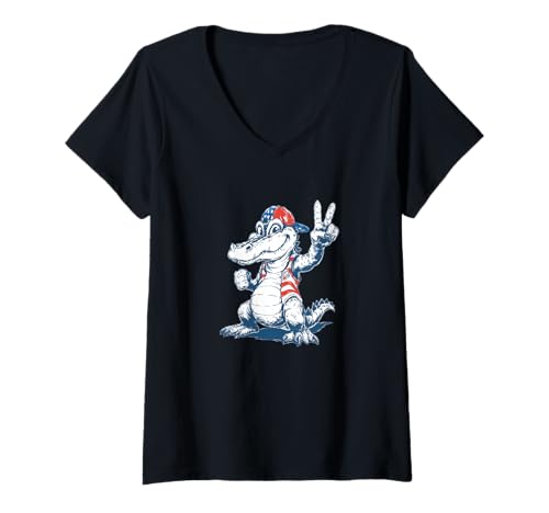 Damen USA Alligator mit coolem Friedenszeichen für Kappenliebhaber T-Shirt mit V-Ausschnitt Damen USA Alligator mit coolem Friedenszeichen für Kappenliebhaber T-Shirt mit V-Ausschnitt von Cartoon Alligator Outfit