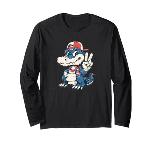 Lustiger Alligator mit Kappe und Frieden, für Erwachsene und Kinder Langarmshirt Lustiger Alligator mit Kappe und Frieden, für Erwachsene und Kinder Langarmshirt von Cartoon Alligator Outfit