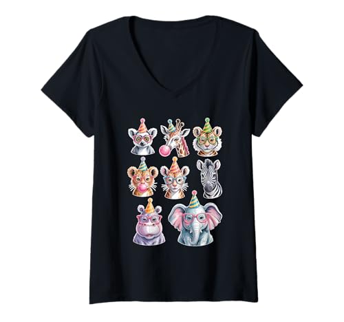 Damen Whimsical Wildlife Animals with Glasses Birthday Party T-Shirt mit V-Ausschnitt Damen Whimsical Wildlife Animals with Glasses Birthday Party T-Shirt mit V-Ausschnitt von Cartoon Animal Faces Celebration Kids Party Fun