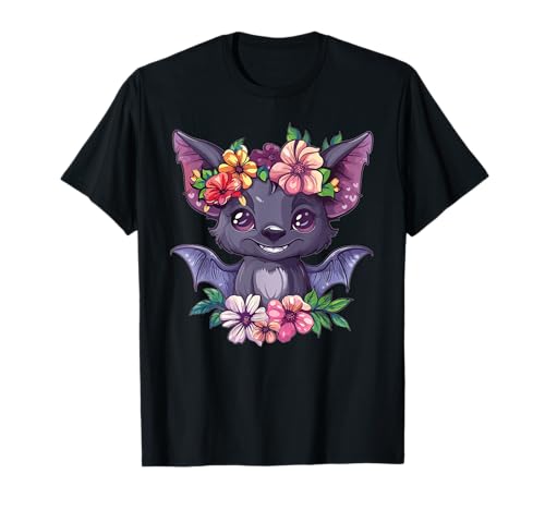 Niedliche Fledermaus mit Blumen I Kids Bat T-Shirt von Cartoon Bat Art
