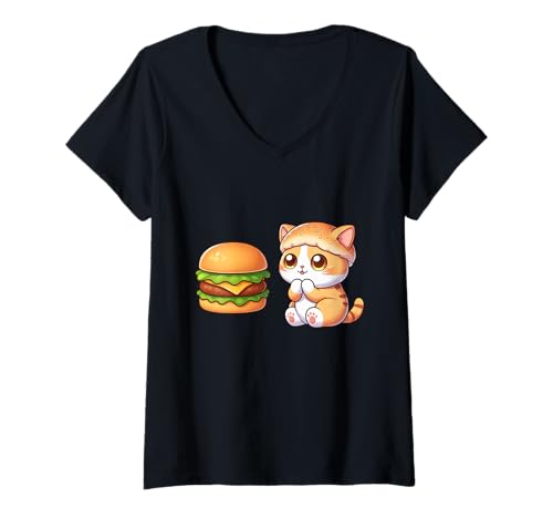 Damen Süße Katze mit Burger Food Lover Cartoon T-Shirt mit V-Ausschnitt Damen Süße Katze mit Burger Food Lover Cartoon T-Shirt mit V-Ausschnitt von Cartoon Cat Foodies Cute Cat Burger Designs