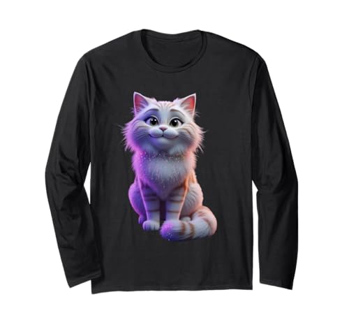 Cartoon-Katze, sitzend, lustiges Unisex-Design für Männer und Frauen Langarmshirt von Cartoon Cat Funny Unisex Design Men Women Tee