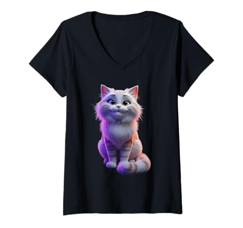 Damen Cartoon-Katze, sitzend, lustiges Unisex-Design für Männer und Frauen T-Shirt mit V-Ausschnitt von Cartoon Cat Funny Unisex Design Men Women Tee