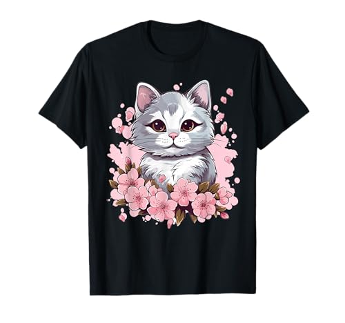 Süße Katze mit Kirschblüten I Kids Cat T-Shirt von Cartoon Cat I Cute Kitten I Cat Owner