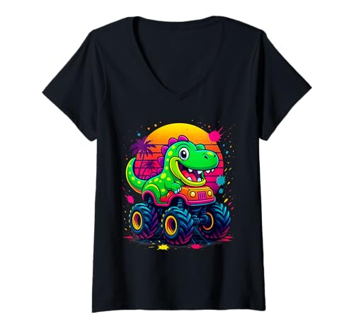 Damen T-Rex Cartoon Truck Sonnenuntergang für Kleinkinder, Jungen, Mädchen, Kinder T-Shirt mit V-Ausschnitt Damen T-Rex Cartoon Truck Sonnenuntergang für Kleinkinder, Jungen, Mädchen, Kinder T-Shirt mit V-Ausschnitt von Cartoon Dinosaur Car Design