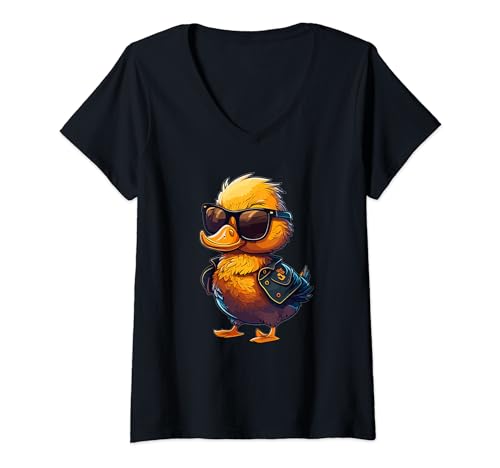 Damen Coole Ente mit Sonnenbrille I Duck T-Shirt mit V-Ausschnitt Damen Coole Ente mit Sonnenbrille I Duck T-Shirt mit V-Ausschnitt von Cartoon Duck Art I Kids Duck