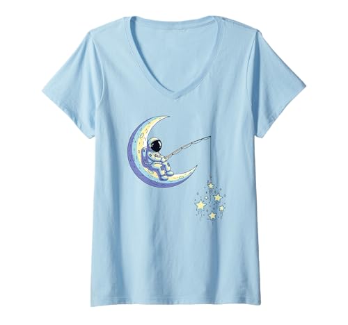 Damen Humor beim Astronautenfischen T-Shirt mit V-Ausschnitt von Cartoon Fishing Astronaut Artwork