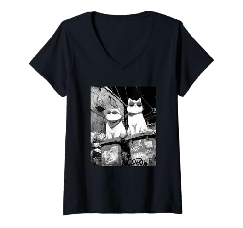 Damen Lustige Katze Gangsters Humor Urban Streets New York Grafik T-Shirt mit V-Ausschnitt Damen Lustige Katze Gangsters Humor Urban Streets New York Grafik T-Shirt mit V-Ausschnitt von Cartoon Gangsta Cats Black & White Photo Design