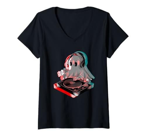 Damen Ghost DJ Headphones Cartoon Geist Turntable Halloween Musik T-Shirt mit V-Ausschnitt Damen Ghost DJ Headphones Cartoon Geist Turntable Halloween Musik T-Shirt mit V-Ausschnitt von Cartoon Ghost DJing EDM Festival Halloween Costume