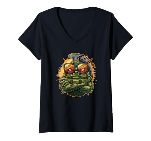 Damen Granatengesicht mit kräftigen Farbtönen Kostüm T-Shirt mit V-Ausschnitt Damen Granatengesicht mit kräftigen Farbtönen Kostüm T-Shirt mit V-Ausschnitt von Cartoon Grenade Outfit