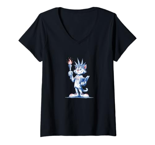 Damen Coole Freedom Katze im Cartoon-Stil für Liberty Lovers T-Shirt mit V-Ausschnitt Damen Coole Freedom Katze im Cartoon-Stil für Liberty Lovers T-Shirt mit V-Ausschnitt von Cartoon Liberty Cat Outfit