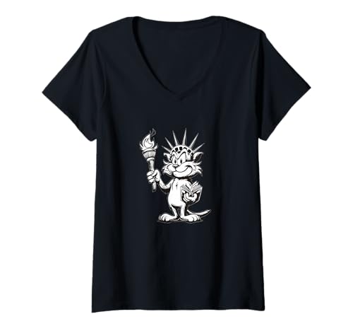 Damen Liberty Katze mit Statuenoptik für Jungen und Mädchen T-Shirt mit V-Ausschnitt Damen Liberty Katze mit Statuenoptik für Jungen und Mädchen T-Shirt mit V-Ausschnitt von Cartoon Liberty Cat Outfit