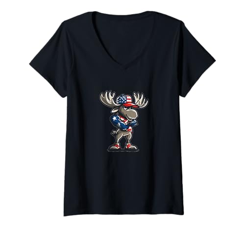 Damen Lustiger Elch Sport Cartoon mit USA Kleidung T-Shirt mit V-Ausschnitt Damen Lustiger Elch Sport Cartoon mit USA Kleidung T-Shirt mit V-Ausschnitt von Cartoon Moose Outfit