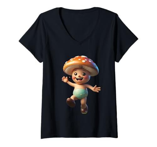 Damen Cartoon Pilz Lustiges Unisex-Design für Männer Frauen Kinder T-Shirt T-Shirt mit V-Ausschnitt von Cartoon Mushroom Funny Unisex Design Men Women Tee