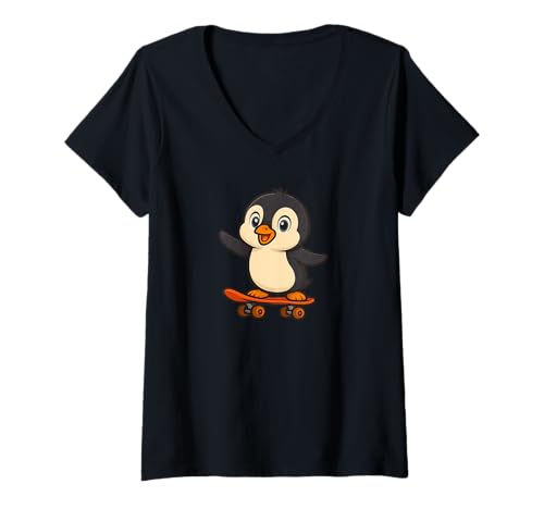 Damen Cooler Pinguin auf einem Skateboard T-Shirt mit V-Ausschnitt von Cartoon Penguin Skataboarder