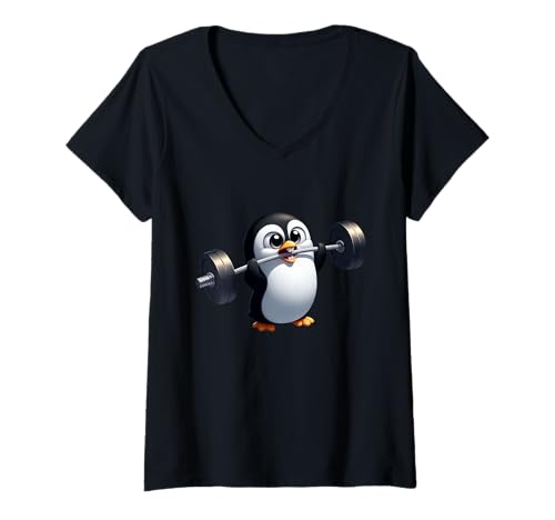 Damen Energetic Pinguin Barbell Gym Workout Motivation T-Shirt mit V-Ausschnitt Damen Energetic Pinguin Barbell Gym Workout Motivation T-Shirt mit V-Ausschnitt von Cartoon Penguin Weightlifting Fitness Fun