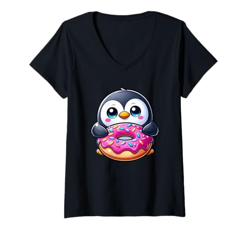 Damen Süßer Cartoon-Pinguin, rosa Donut-Süßigkeiten T-Shirt mit V-Ausschnitt Damen Süßer Cartoon-Pinguin, rosa Donut-Süßigkeiten T-Shirt mit V-Ausschnitt von Cartoon Penguin with a Donut
