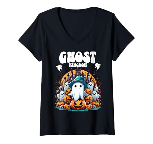 Damen Süßes Geisterreich Halloween Kürbis Schloss Szene T-Shirt mit V-Ausschnitt Damen Süßes Geisterreich Halloween Kürbis Schloss Szene T-Shirt mit V-Ausschnitt von Cartoon Schloss und Kürbisfans für Halloween