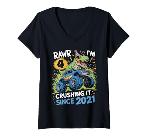 Damen Rawr I'm 4 Crushing It Since 2021 Dino Monstertruck T-Shirt mit V-Ausschnitt von Cartoon T Rex Party Hat Sunglasses Geburtstag Kids