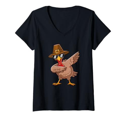 Damen Cool Turkey Sunglasses Pilgrim Hat Lustiger Truthahn T-Shirt mit V-Ausschnitt von Cartoon Turkey Pilgrim Sunglasses Thanksgiving