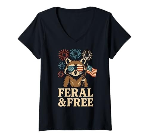 Damen Feral and Free Raccoon Sternenbrille 4. Juli Patrioten T-Shirt mit V-Ausschnitt Damen Feral and Free Raccoon Sternenbrille 4. Juli Patrioten T-Shirt mit V-Ausschnitt von Cartoon Waschbär FERAL & FREE Feuerwerk Humor