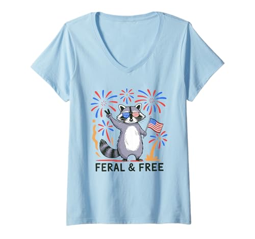 Damen Feral and Free Waschbär USA Flagge Sonnenbrille Patrioten T-Shirt mit V-Ausschnitt Damen Feral and Free Waschbär USA Flagge Sonnenbrille Patrioten T-Shirt mit V-Ausschnitt von Cartoon Waschbär Peace Zeichen FERAL & FREE Humor