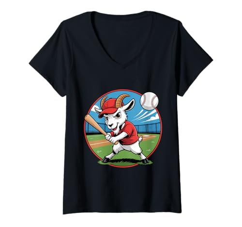 Damen Baseball Ziege Schlagmann Rot Kappe Feld Ball Cartoon T-Shirt mit V-Ausschnitt Damen Baseball Ziege Schlagmann Rot Kappe Feld Ball Cartoon T-Shirt mit V-Ausschnitt von Cartoon Ziege Baseball Spieler Sport Maskottchen