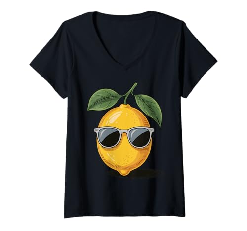 Damen Zitrone Mit Sonnenbrille T-Shirt mit V-Ausschnitt Damen Zitrone Mit Sonnenbrille T-Shirt mit V-Ausschnitt von Cartoon Zitrus Coole Zitrone Niedlich