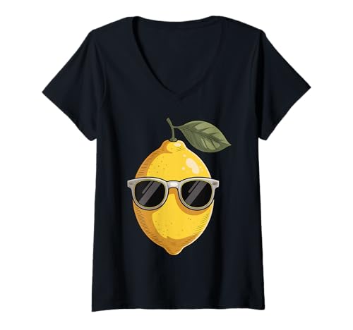 Damen Zitrone Mit Sonnenbrille T-Shirt mit V-Ausschnitt Damen Zitrone Mit Sonnenbrille T-Shirt mit V-Ausschnitt von Cartoon Zitrus Coole Zitrone Niedlich