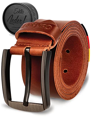 Cartvelli Echt Ledergürtel Herren Braun Cognac 100cm Made in Germany Geschenkbox Herrengürtel Braun Schnalle Matt-Schwarz Echtleder-Gürtel 40mm LMB22b-100 von Cartvelli