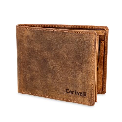 Cartvelli Geldbörse Herren Leder Braun Hunter - Vintage Portemonnaie Geldbeutel Echtleder für Männer - RFID Wallet Men - Brieftasche Querformat echtes Leder Used Look (Braun Hunter) von Cartvelli