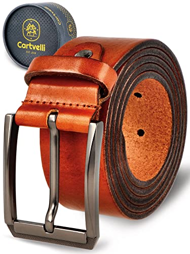 Cartvelli Premium Ledergürtel Herren Braun Cognac 100cm Made in Germany mit Geschenkbox Echt-Leder Herrengürtel Vollleder Jeansgürtel Leder Gürtel 38mm Anzug jeans chino pants LordM22b-100 von Cartvelli