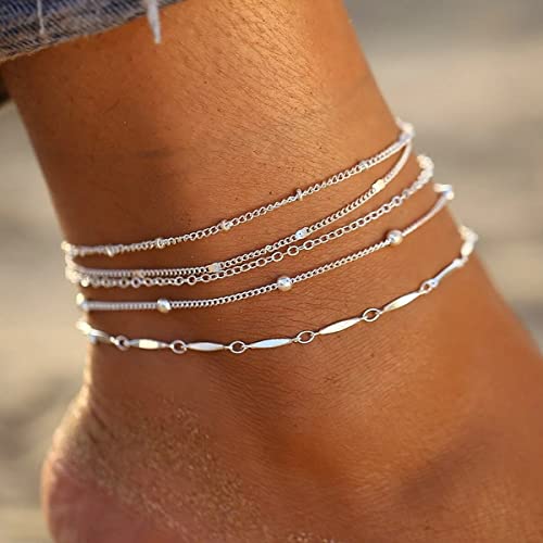 Boho Carifin Perlen Fußkettchen Mehrschichtige Silberkette Fußkettchen Brtacelets Strandzubehör Verstellbarer Fußschmuck für Frauen und Mädchen von Carufin