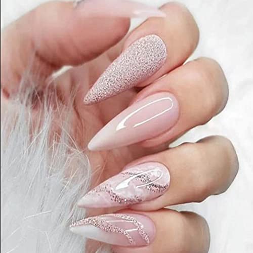 Carufin 24 Stück Plum Blossom Lange Spitznägel Französische Kunstnägel Kristall Acryl Kunstnägel Press on Nails Ballett Kunstnägel für Frauen Mädchen (A) von Carufin
