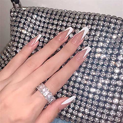 Carufin Künstliche Nägel in V-Form, lang, Sarg, Acryl, zum Aufdrücken, Ballett, Kunstnägel, für Damen und Mädchen, Weiß, 24 Stück von Carufin