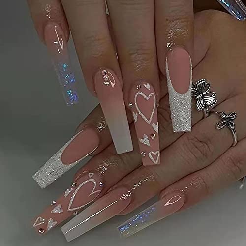 Carufin 24PCS Schöner Kaninchen Sarg Falscher Nagel Rosa Allmählicher Flash Nail Print Mittleres langes Ballett Künstliche Falsche Nägel für Frauen Mädchen (A) von Carufin