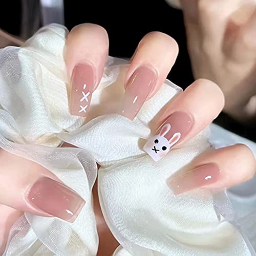 Carufin 24PCS Schöner Kaninchen Sarg Falscher Nagel Rosa Allmählicher Flash Nail Print Mittleres langes Ballett Künstliche Falsche Nägel für Frauen Mädchen (B) von Carufin