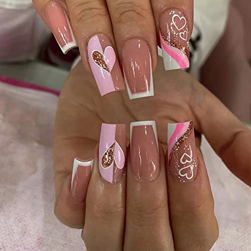 Carufin 24PCS Schöner Kaninchen Sarg Falscher Nagel Rosa Allmählicher Flash Nail Print Mittleres langes Ballett Künstliche Falsche Nägel für Frauen Mädchen (D) von Carufin