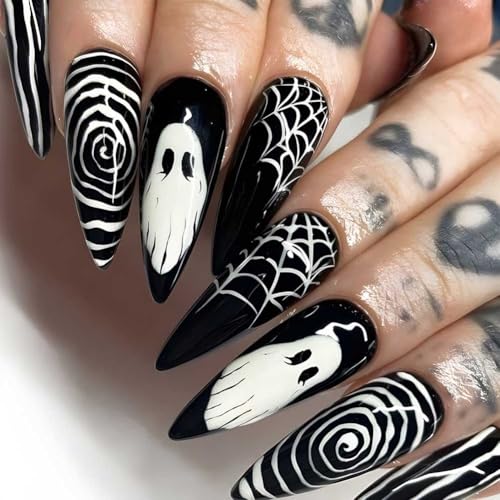 Carufin 24Pcs gestreifte Spinnennetz Falscher Nagel Halloween Geist Gesicht Fledermaus gefälschte Nägel Lange Presse Auf Nägel Für Frauen (A, 24) von Carufin