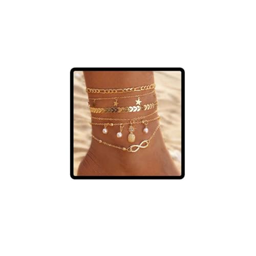 Carufin 5 Stück Ananas Ankletband Armbänder Boho Beach Star Fuß Kette verstellbare Schmuck Geschenk für Frauen Mädchen (Gold) von Carufin