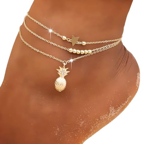 Carufin Ananas Knöchel Armbänder Multilayer Liebe Schildkröte Perlen Knöchel Zubehör Sommer Strand Fuß Schmuck für Frauen Mädchen (Gold Ananas Fußkettchen) von Carufin