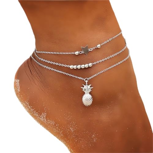 Carufin Ananas Knöchel Armbänder Multilayer Liebe Schildkröte Perlen Knöchel Zubehör Sommer Strand Fuß Schmuck für Frauen Mädchen (Silber Ananas Fußkettchen) von Carufin