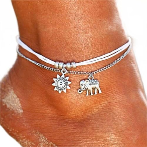 Carufin Ananas Knöchel Armbänder Multilayer Liebe Schildkröte Perlen Knöchel Zubehör Sommer Strand Fuß Schmuck für Frauen Mädchen (Sonnenelefantenfüße Kette) von Carufin